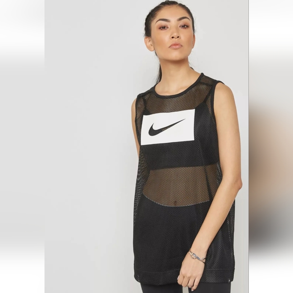 Nike Black and White Logo Swoosh Long Mesh Net Tank Top Shirt Size Medium